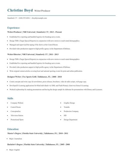 Writer/Producer Resume
