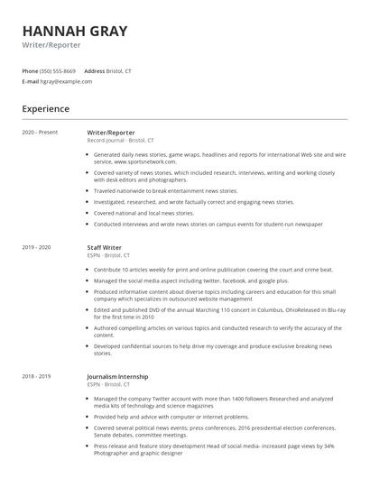 Writer/Reporter Resume