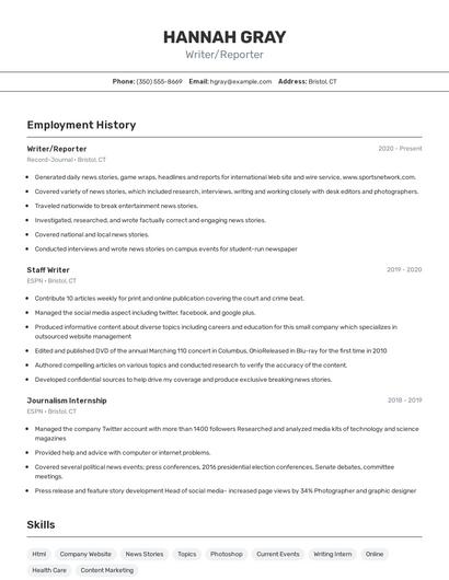 Writer/Reporter Resume