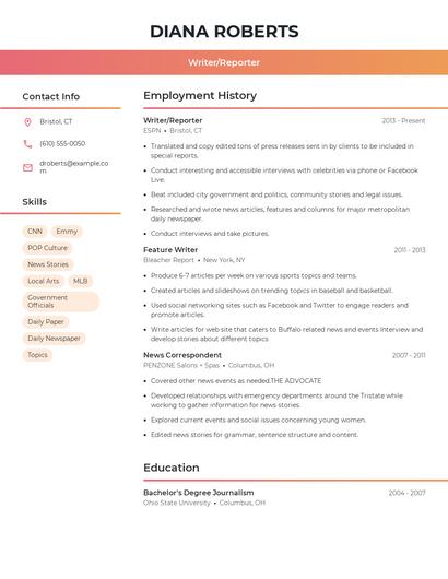 Writer/Reporter Resume