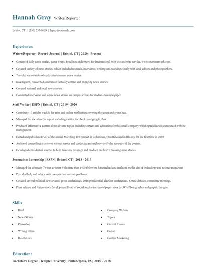 Writer/Reporter Resume