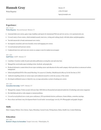 Writer/Reporter Resume