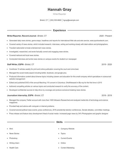 Writer/Reporter Resume