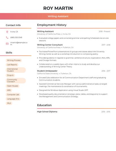 Writing Assistant Resume