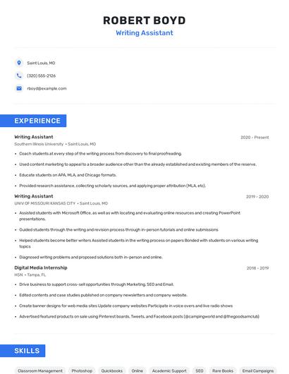 Writing Assistant Resume