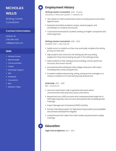 Writing Center Consultant Resume
