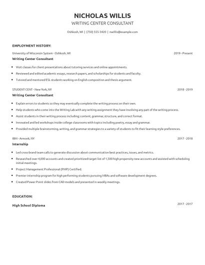 Writing Center Consultant Resume