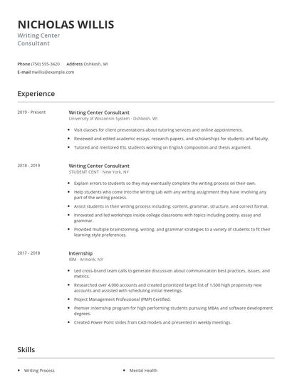 Writing Center Consultant Resume