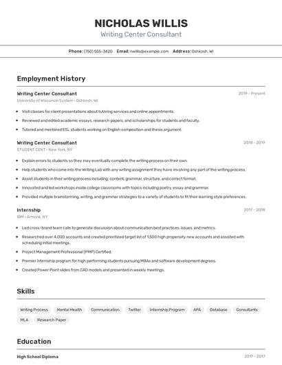 Writing Center Consultant Resume