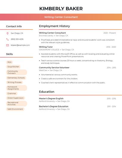Writing Center Consultant Resume