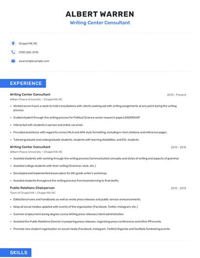 Writing Center Consultant Resume
