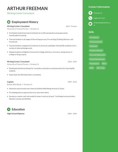 Writing Center Consultant Resume