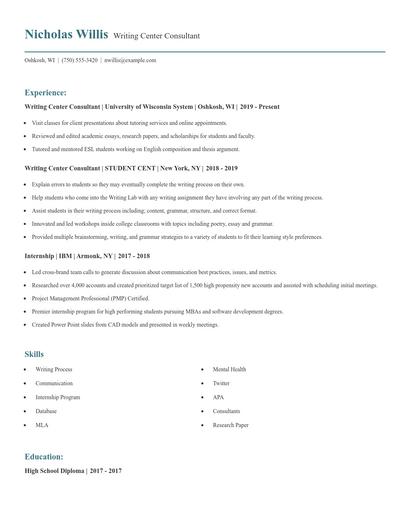 Writing Center Consultant Resume