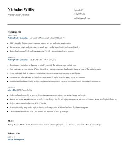 Writing Center Consultant Resume