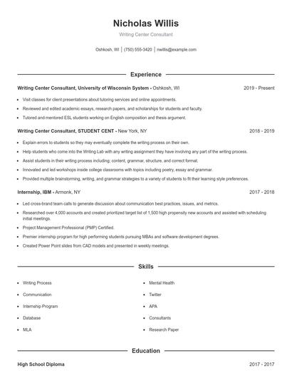 Writing Center Consultant Resume
