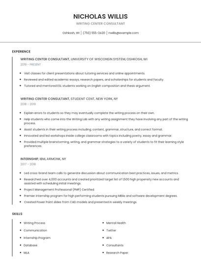 Writing Center Consultant Resume