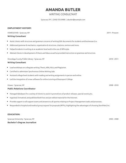 Writing Consultant Resume
