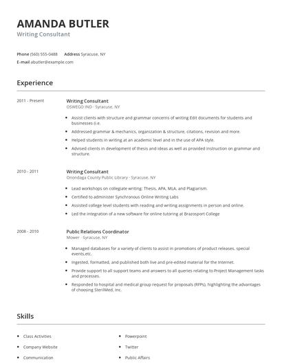 Writing Consultant Resume