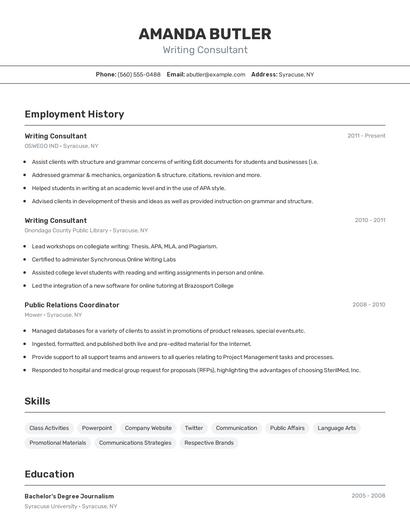 Writing Consultant Resume