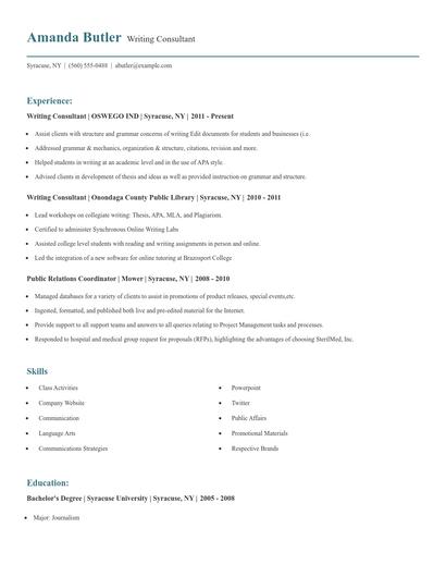 Writing Consultant Resume