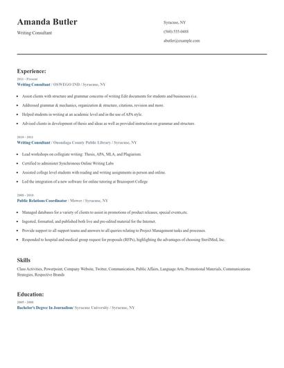 Writing Consultant Resume