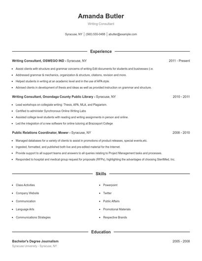 Writing Consultant Resume