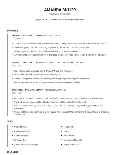 Writing Consultant Resume