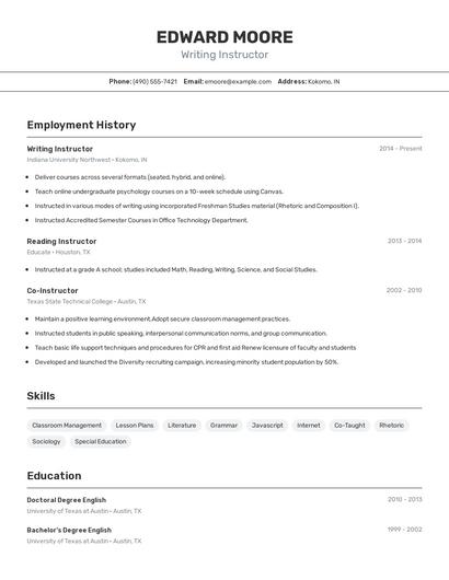 Writing Instructor Resume