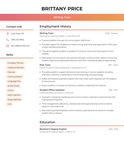Writing Tutor Resume