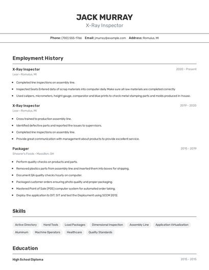 X-Ray Inspector Resume