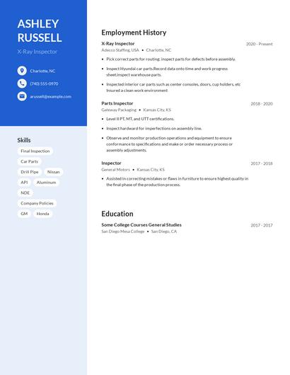X-Ray Inspector Resume
