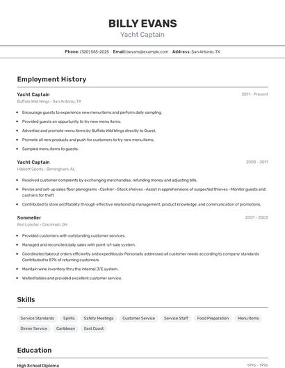 Yacht Captain Resume