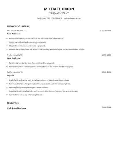 Yard Assistant Resume