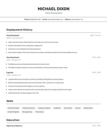 Yard Assistant Resume