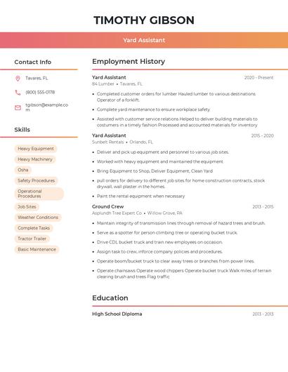Yard Assistant Resume