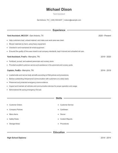 Yard Assistant Resume