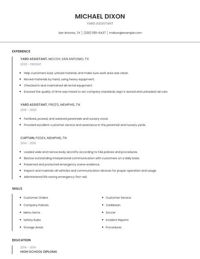 Yard Assistant Resume