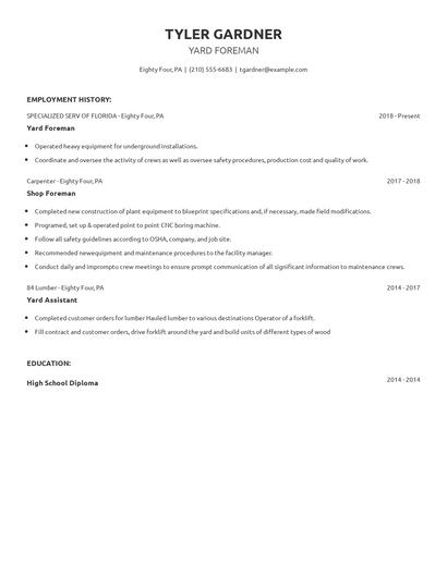 Yard Foreman Resume