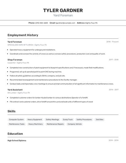Yard Foreman Resume