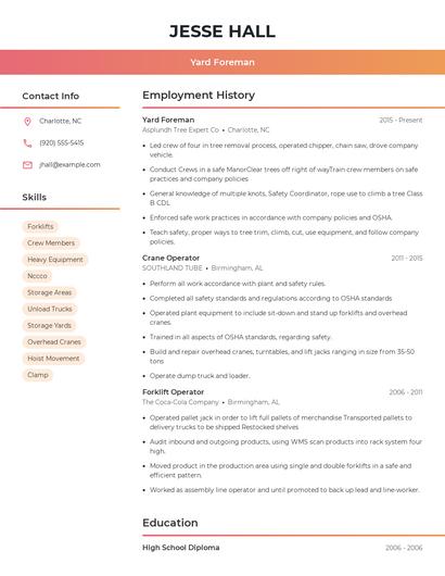 Yard Foreman Resume