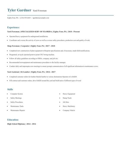 Yard Foreman Resume