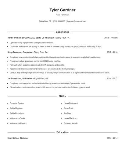 Yard Foreman Resume