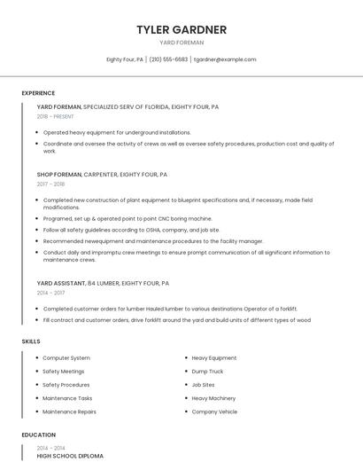 Yard Foreman Resume