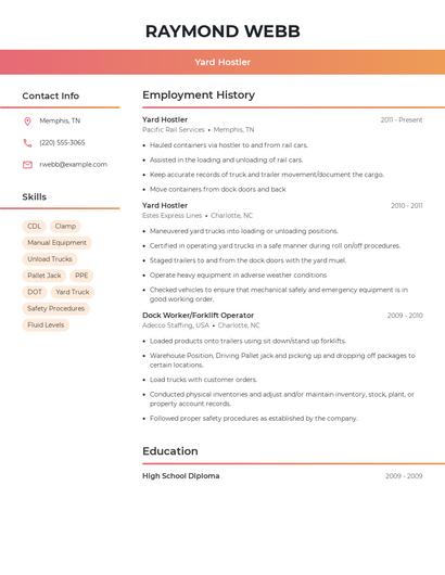 Yard Hostler Resume