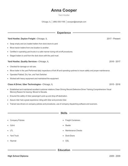 Yard Hostler Resume