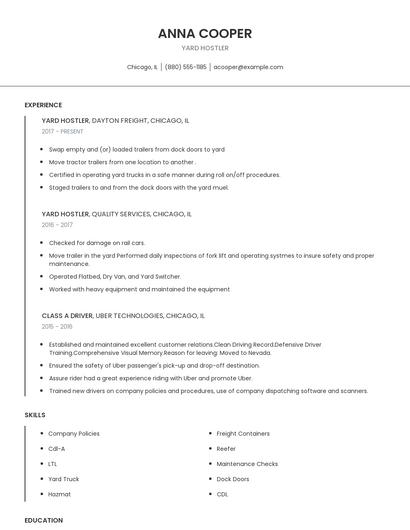 Yard Hostler Resume