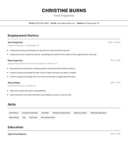 Yard Inspector Resume