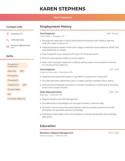 Yard Inspector Resume