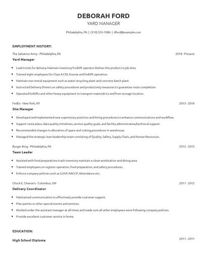 Yard Manager Resume