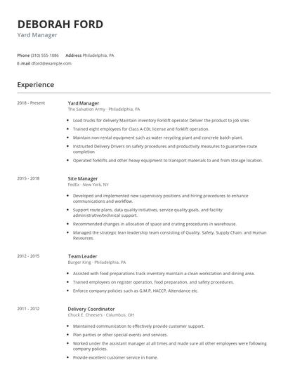 Yard Manager Resume